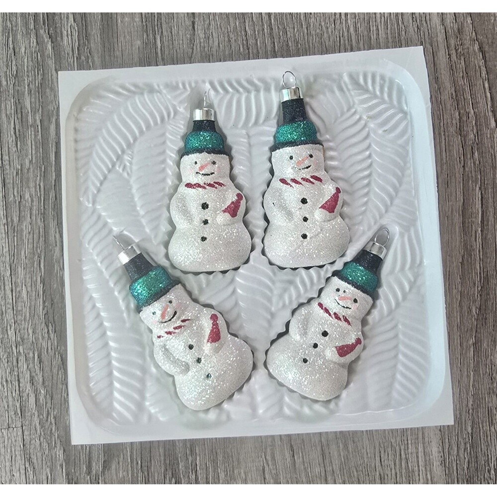 4 Vintage Hand Decorated Glass Christmas Snowman Glitter Ornament Bradford 3”